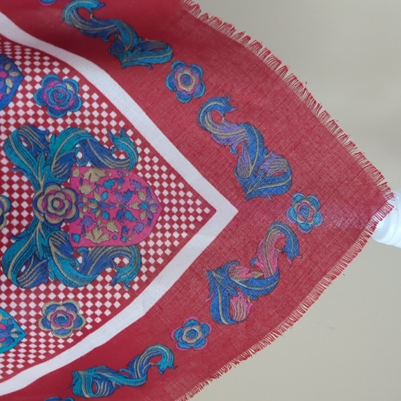 Betmar Soft Square Floral Oversized Fringed Scarf Wrap Red Blue 46.5" x 46.5" - Picture 7 of 15